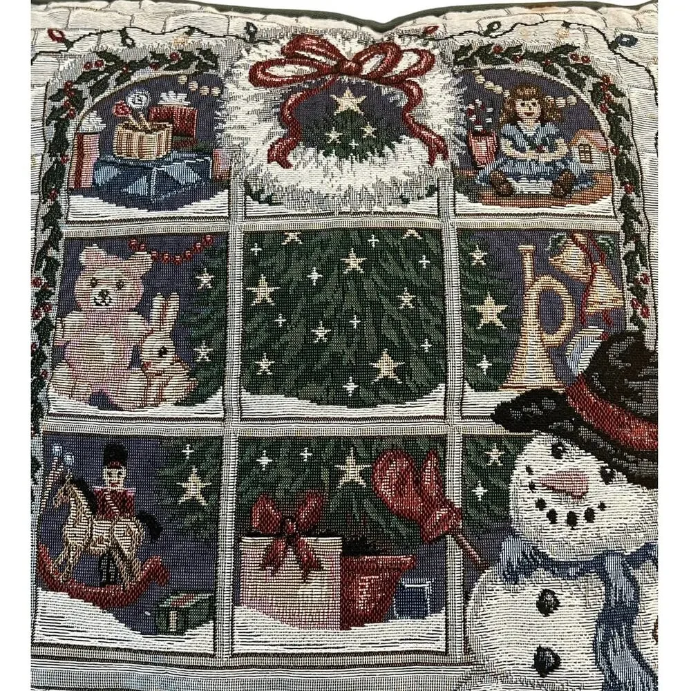VTG Riverdale Snowman Christmas Window Scene‎ Tapestry Throw Pillow Holiday 16